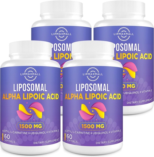 [BRSROGLYA4IQIDQ3] Liposomal Alpha Lipoic Acid 1500mg - with Acetyl-L-Carnitine 900mg & Ubiquinol 100mg & Vitamin E 15mg，ALA Supplement for Antioxidants Glucose Metabolism Nerve Energy,60 Softgels (4 Bottle)