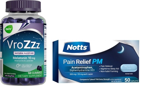 [BRSRGEILAVYGYFDG] Acetaminophen Caplets 50 Count and AXIV VroZzz Melatonin Gummies 10 mg, 60 Count