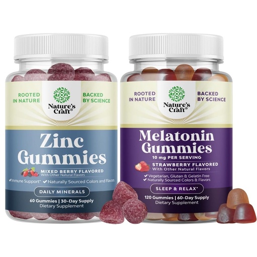 [BRSRGCQPBABR6YL6] Bundle of Extra Strength Zinc Gummies for Adults - Chewable Zinc Supplements for Energy & Immune Support and Melatonin Gummies 10mg per Serving - Fast Acting Tasty Sleep Gummies Enhanced Sleep Quality
