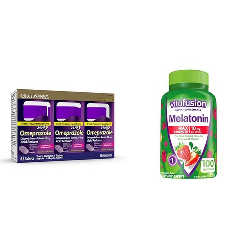 [BRSRAYYZDN6WAYI7] GoodSense Omeprazole Delayed Release Tablets 20mg Acid Reducer 14ct Pack of 3 & Vitafusion Melatonin Gummy Supplements 10mg 50 Day Supply 100 Count