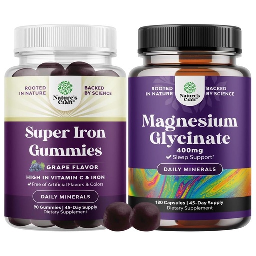 [BRSROCQ5BV4AGF3H] Bundle of Delicious Iron Gummies for Women and Men - Iron Supplement for Women and Men with Vitamin C and Pure Magnesium Glycinate 400mg Per Serving - for Mood Sleep and Relaxation