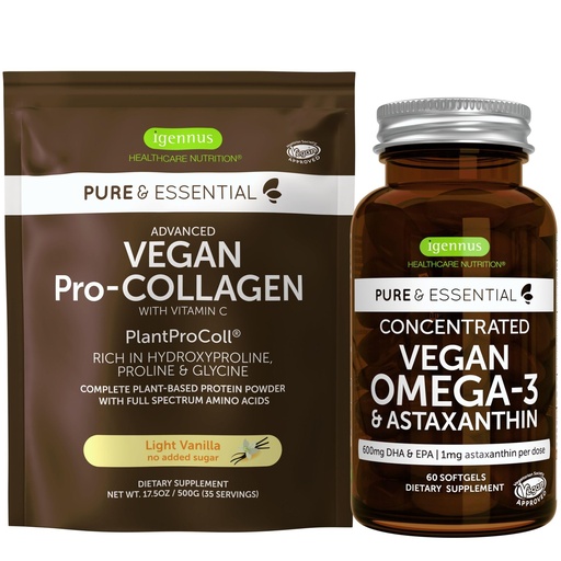 [BRSROFL7C56GGALZ] Vegan Vanilla Collagen Protein Powder & Vegan Omega-3 Bundle, Complete Collagen Boosting Formula & Sustainable Algae Oil 1340mg, by Igennus