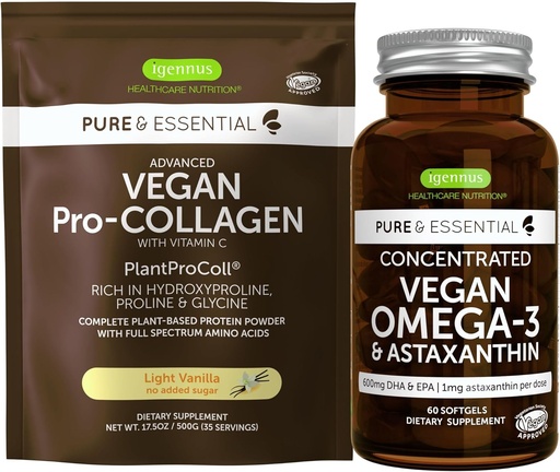 [BRSROFL7C56GGALZ] Vegan Vanilla Collagen Protein Powder & Vegan Omega-3 Bundle, Complete Collagen Boosting Formula & Sustainable Algae Oil 1340mg, by Igennus