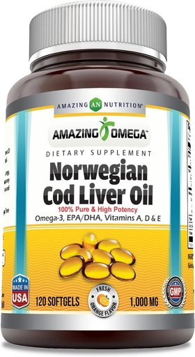 Amazing Omega Norwegian Cod Liver Oil (Omega-3, EPA/DHA) Supplement | 1000 Mg Per Serving | 120 Softgels | Orange Flavor | Non-GMO | Gluten-Free | Made in USA