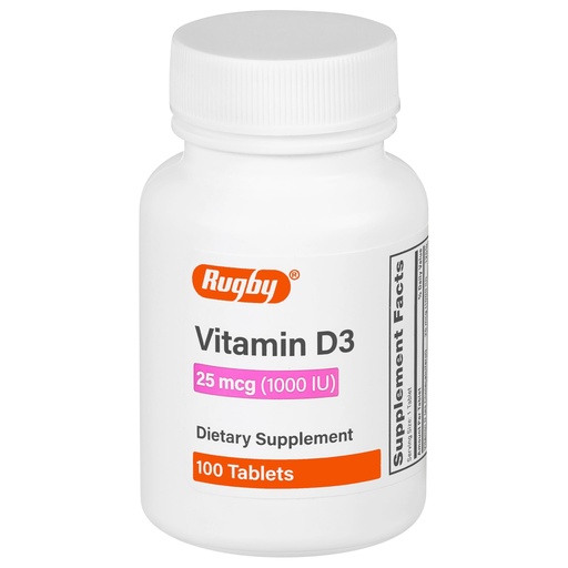 [BRSWYHTRBNYGYG3D] Rugby Vitamin D3, 25 mcg (1,000 IU) - Dietary Supplement - 100 Tablets (1 Pack)
