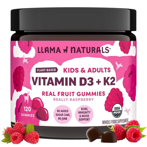 [BRSROHACDIMWGGTV] Llama Naturals Vitamin D3 K2 Gummies for Adults and Kids, Vegan, Organic, Vitamin D Gummies, Real Fruit Gummy Vitamins, No Added Sugar Cane, Raspberry, 120 Ct