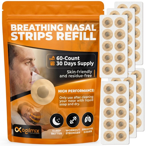 [BRSRGZAOOAAWGA34] Breathing Nasal Strips Refill, 60-Count - Enhanced Breathing, Sleep Aid & Snore Reduction for 30-Day Supply, Compatible with Recharging