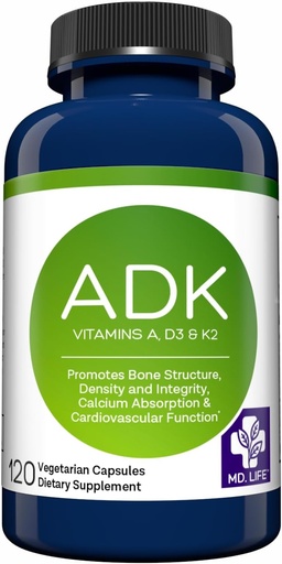 [BRSRAAY7CADWGG34] MD.LIFE ADK Suplemento de vitamina – Vitamina D3 K2 y Complejo – 120 cápsulas – Vitamina de alta potencia ADK para el soporte de salud ósea y cardíaca