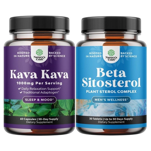 [BRSRGZDYAUFQM334] Bundle of Kava Kava Root Extract Supplement 1000mg - Fast Acting Herbal with Kavalactones for Balanced Mood and Plant Sterols Complex with Beta Sitosterol - 500mg for Heart Health & Prostate Support