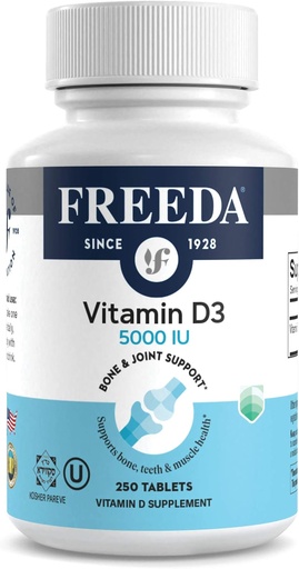 [BRSWIZQ6CN5WGADK] FREEDA Vitamin D3-5000 IU - Pure High Potency Kosher Supplement Tablets - Bone and Muscle Health, Calcium Absorption, Immune Support for Men and Women* - 250 Count