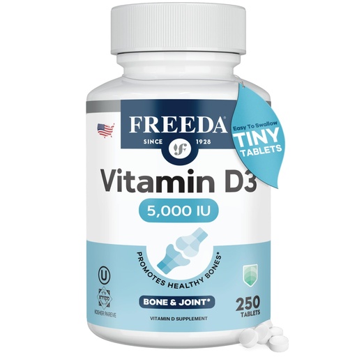 [BRSWIZQ6CN5WGADK] FREEDA Vitamin D3-5000 IU - Pure High Potency Kosher Supplement Tablets - Bone and Muscle Health, Calcium Absorption, Immune Support for Men and Women* - 250 Count