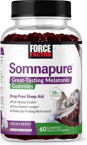 [BRSRMEAHOUGRYCI6] FORCE FACTOR Somnapure Gummies with Melatonin 10 mg for Adults, Non-Habit-Forming, Natural Sleep Aid for Deep Sleep, Stay Asleep Longer, Wake Up Refreshed, Dream Berry Flavor, 60 Count (Pack of 1)