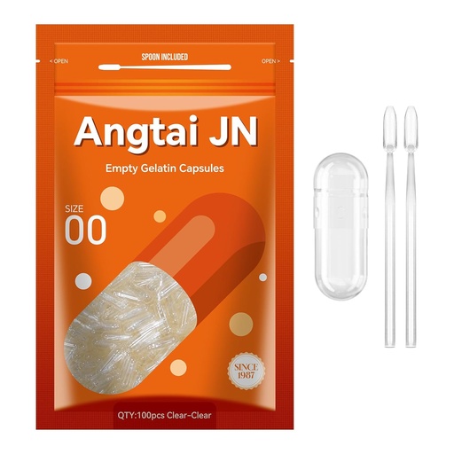 [BRSROAQBCAJWA3L6] Angtai JN Capsules gélatine Taille 00 Caps de gel de pilule vides Pure Bovine Clear (100 Compte) Sans gluten, sans OGM, Kit de remplissage certifié Halal avec 2 cuillères pour bricolage Vos propres suppléments