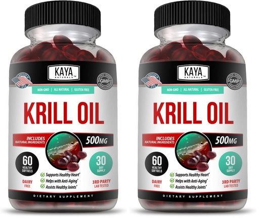 [BRSRGFI6OQIQK33F] Kaya Naturals - Antarctic Krill Oil 500mg with Omega 3, EPA, DHA, Phospholipids & Astaxanthin Supplement - Brain & Health Vitamin - Anti Aging Supplement - 60 Count Softgels (Pack of 2)