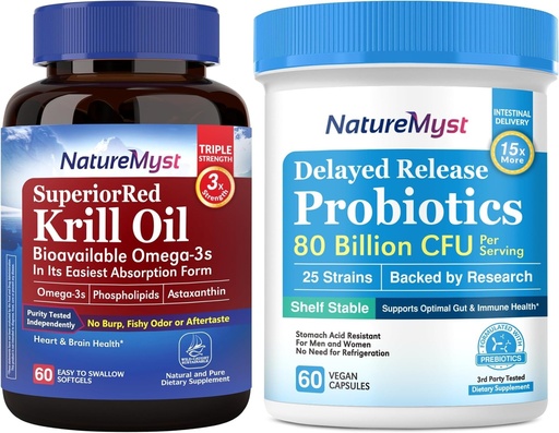 [BRSREAANOAHQEALO] Krill Oil 1000mg and Probiotics Bundle, Omega 3s with DHA EPA & Astaxanthin, Plus 80 Billion CFU 25 Strains, Gut, Heart & Immune Function, Non-GMO, Made in USA, 60 Softgels + 60 Capsules