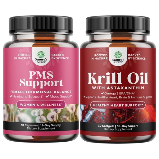 [BRSROCYFDMMBG33H] Bundle of PMS Support Supplement for Women – Hormone Balance for Period Cramps Ease, Menopause Bloating, Mood Swing and Krill Omega 3 Fish Oil Softgels 500mg - Concentrated Krill EPA & DHA Supplement