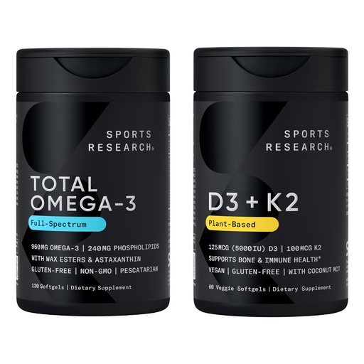 [BRSRGCYOAEAWYC34] Sports Research® 2-in-1 Pack - Total Omega-3 Fish Oil 2200mg - 960mg of EPA & DHA, and Vitamin D3 5000iu + K2 100mcg