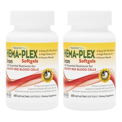 [BRSWYBLQARYQIF3A] NaturesPlus Hema-Plex Iron - 60 Fast-Acting Softgels - 2 Pack - 85 mg Iron + Vitamin C & Bioflavonoids for Healthy Red Blood Cells - Vegan, Gluten Free - 40 Total Servings