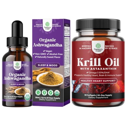 [BRSRA237B4HRM3IV] Bundle of USDA Organic Ashwagandha Liquid Drops - Ashwagandha Root Extract for Stress & Mood Support and Krill Omega 3 Fish Oil Softgels 500mg - Krill EPA & DHA for Heart Health - Burpless Fatty Acids