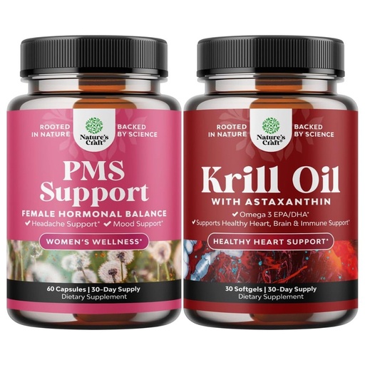 [BRSROCYBBN6AO3L2] Bundle of Advanced PMS Support Supplement for Women for for Low Energy Mood Support Period Cramps and Bloating Relief for Women and Antarctic Krill Oil 500mg Softgels - High Absorption Krill Oil Omega