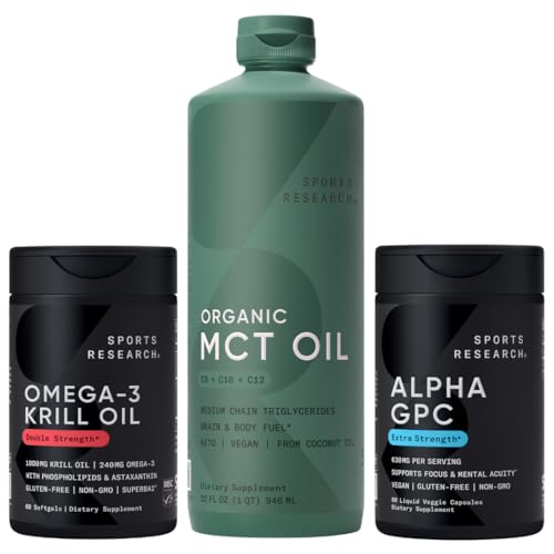 [BRSREAT3DMHRUAL6] Sports Research® Brain Fuel Pack - Extra Strength Alpha GPC 630mg + Omega-3 Krill Oil 1000mg + Organic MCT Oil (C8, C10, C12)