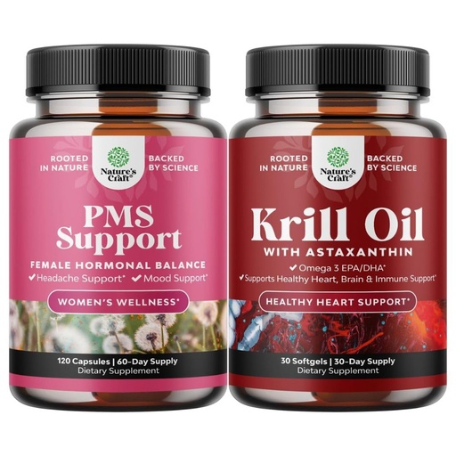 [BRSROCYBBMIG22DD] Bundle of PMS Support Supplement for Women with DIM, Chasteberry, Black Cohosh & Ashwagandha and Krill Omega 3 Fish Oil Softgels 500mg - Concentrated Krill EPA & DHA - Burpless Fatty Acids Supplement