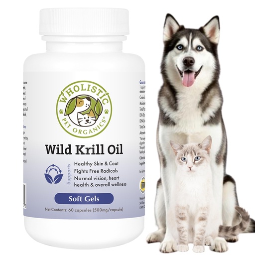 [BRSRA2YZBMBBQG3G] Wholistic Pet Organics Krill Oil for Dogs and Cats - Premium Antioxidant Support for Pets - Cat and Dog Skin and Coat Supplement with EPA, DHA, Astaxanthin - Omega 3 for Dogs and Cats - 60 Soft Gels