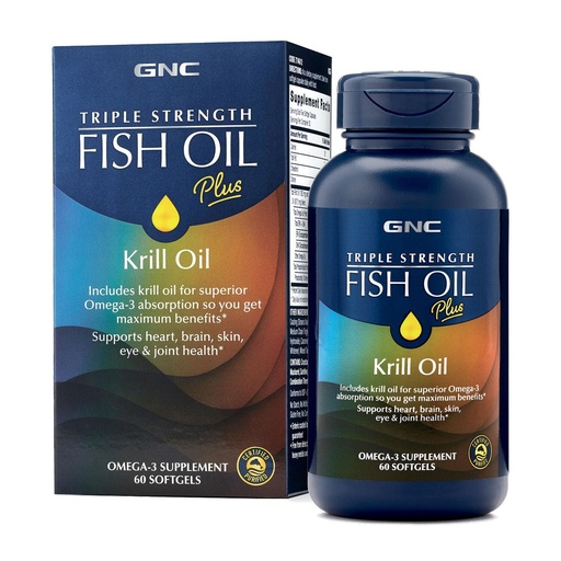 [BRSWGEL4OYCGA3IU] GNC Triple Strength Fish Oil Plus Krill Oil Omega 3 Supplement, 1000mg EPA and DHA, Supports Heart, Brain, Skin, Eye and Joint Health, 60 Softgels