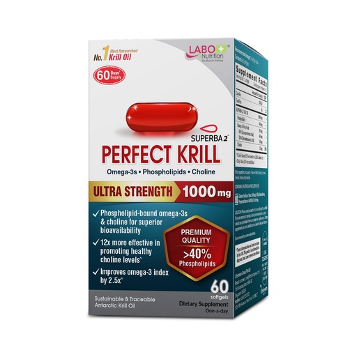 [BRSRGFQYDICQAADO] LABO Nutrition Perfect Krill 1000 mg Antarctic Krill Oil Omega 3 EPA DHA w/Phospholipids (>40%), Choline, Astaxanthin | Supports Brain Eye Heart & Joint Health, 60 softgels