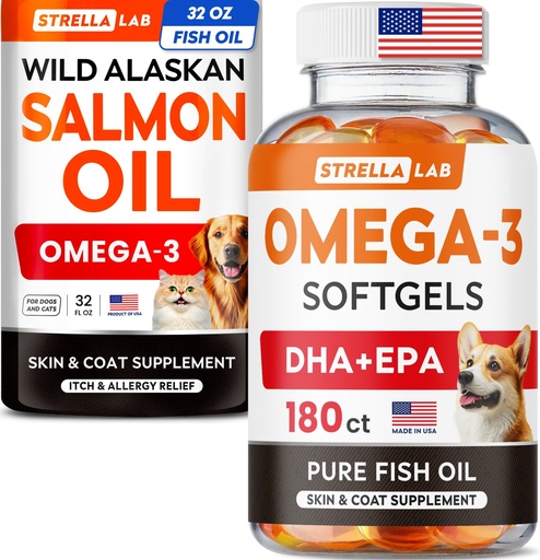 [BRSREHQNCQIR4CTD] STRELLALAB Salmon Oil + Fish Oil Pills Bundle – Omega 3 for Skin, Coat & Itch Relief + Joint, Brain & Heart Support – EPA & DHA Fatty Acids – 32 Fl Oz Liquid + 180 Softgels – Made in USA