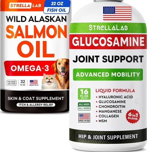 [BRSREHQNCIFAGELU] STRELLALAB Salmon Oil + Liquid Glucosamine Bundle – Omega 3 for Skin, Coat & Itch Relief + Hip & Joint Mobility Support – EPA+DHA, Glucosamine, MSM & Collagen – 32 Fl Oz + 16 Fl Oz – Made in USA