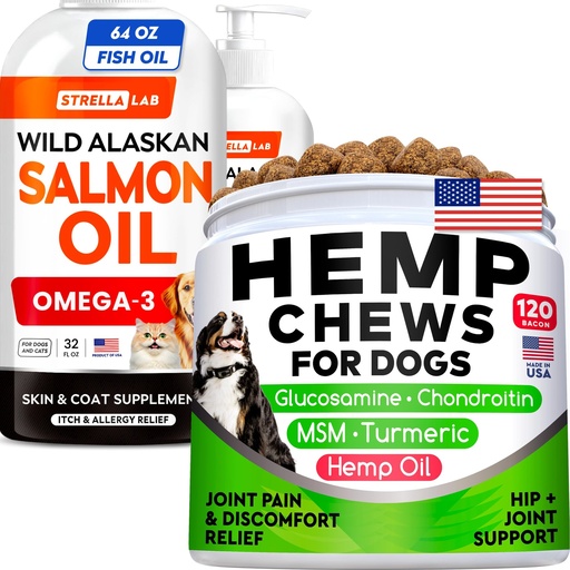 [BRSREHQNDMMB42T3] StrellaLab Salmon Oil 64 Oz (2-Pack) + Hemp Chews Bundle – Omega 3 for Skin, Coat & Itch Relief + Glucosamine, Hemp, MSM & Turmeric for Joint Pain & Mobility – EPA & DHA – Wild Alaskan Salmon Oil