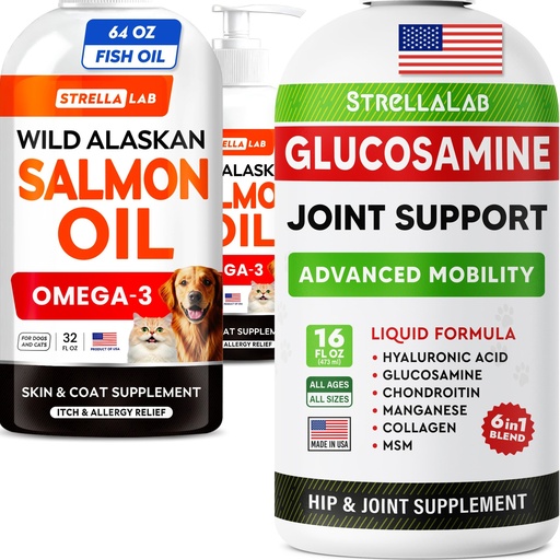[BRSREHQNCUCQOYLV] STRELLALAB Salmon Oil 64 Oz (2-Pack) + Liquid Glucosamine 16 Oz Bundle – Omega 3 for Skin & Coat + Glucosamine, MSM & Collagen for Hip & Joint Mobility – EPA & DHA – Made in USA