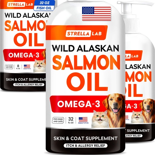 [BRSREHQNCVYRSGYV] STRELLALAB Wild Alaskan Salmon Oil Bundle – Natural Omega 3 for Skin, Coat & Itch Relief + Hip, Joint & Immune Support – EPA+DHA Fatty Acids – 96 Fl Oz Liquid Total – Made in USA