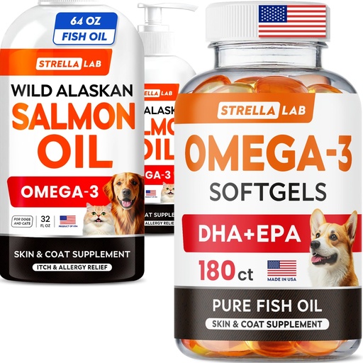 [BRSREHQNC56AYELK] STRELLALAB Salmon Oil Liquid 64 Oz (2-Pack) + Fish Oil Softgels 180 Ct Bundle – Omega 3 for Skin, Coat, Shedding & Itch Relief + Joint, Brain & Heart Support – EPA & DHA – Made in USA