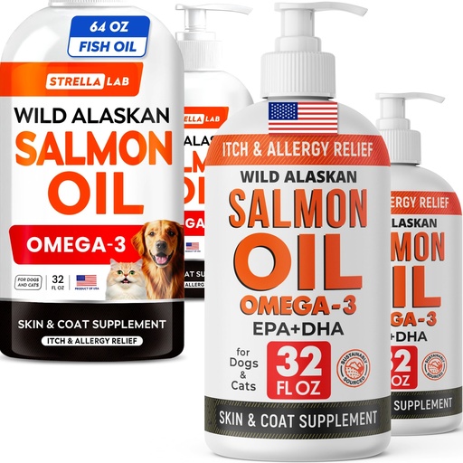 [BRSREHQPOYIAYCLO] STRELLALAB Wild Alaskan Salmon Oil Bundle – Omega 3 for Skin, Coat, Itch & Shedding Relief + Hip & Joint Support – EPA & DHA Fatty Acids – 128 Fl Oz Liquid Total (4-Pack) – Made in USA