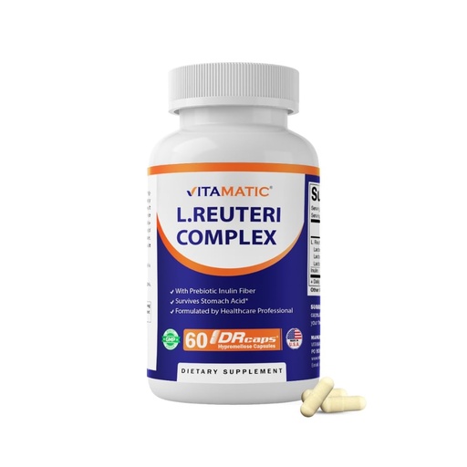 [BRSROGAYBAMBUDTV] Vitamatic Lactobacillus Reuteri Complex – 22 Billion CFU per Delayed Release Capsule – 60 Capsules – Digestive & Gut Health Support – with Prebiotic Inulin Fiber