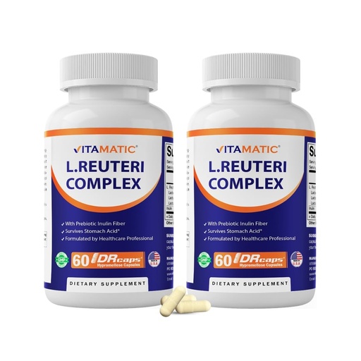 [BRSREFAYAQFQEELB] Vitamatic Lactobacillus Reuteri Complex – 22 Billion CFU per Delayed Release Capsule – 60 Capsules – Digestive & Gut Health Support – with Prebiotic Inulin Fiber - 2 Pack