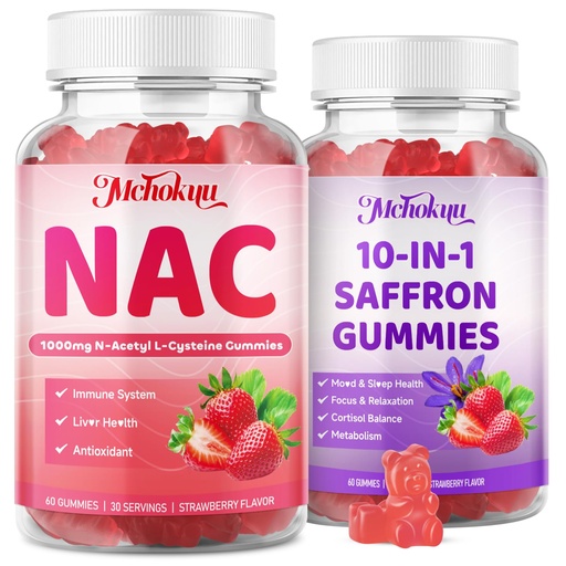 [BRSRECT5BAMGC2TD] NAC Gummies and Saffron for Kids & Adults, Strawberry Flavor, 120 Counts Bundle