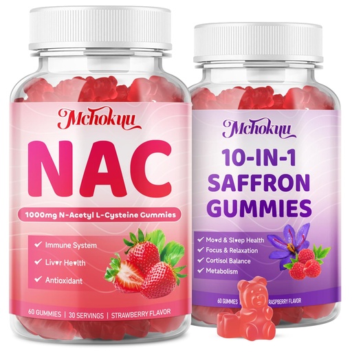 [BRSRECT5BECAMAYY] NAC Gummies and Saffron for Kids & Adults, Strawberry & Raspberry Flavor, 120 Counts Bundle