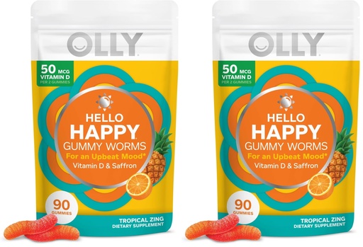 [BRSRGGQKPN6WEDQ6] OLLY Hello Happy Gummy Worms,Mood Balance Support,Vitamin D,Saffron,Adult Chewable Supplement,Gluten Free,Tropical Zing -,90 Count (Pack of 2)