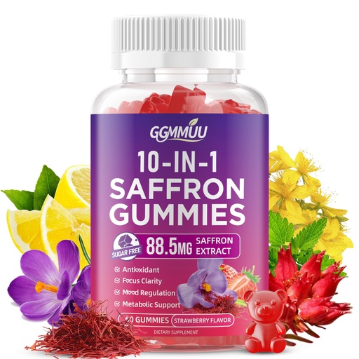 [BRSRGYACDEJQIF32] Saffron Supplement Gummies, 10-in-1 Cortisol Supplement with Saffron 88.5mg, Magnesium, Rhodiola Rosea, Ashwagandha, L-Theanine, St. John's Wort, for Calm, Focus & Relaxation, 60 Count