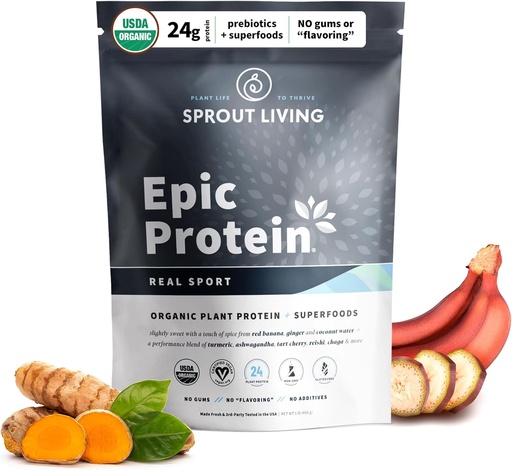 [BRSWYYAQBAGRAA36] Sprout Living, Epic Protein, Plant Based Protein & Superfoods Powder, Real Sport | 24 Grams Organic Protein Powder, Recovery, Vegan, Non Dairy, Non-GMO, Gluten Free, Low Sugar (1 Pound, 12 Servings)