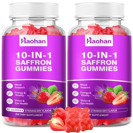 [BRSREAQNBENBEAIU] Haohan Saffron Gummies for Kids & Adults - 10-in-1 Supplement with 88.5mg Organic Saffron Extract to Support a Calm Mind & Focus. Sugar-Free, Non-GMO, Strawberry Flavor, 120 Count