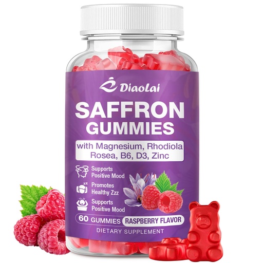 [BRSREHDRDEFQGCDF] Max Strength Saffron Gummies 88.5mg with Magnesium, St. John's Wort & Rhodiola for Mood Support, Focus - Sugar-Free, 60 Count