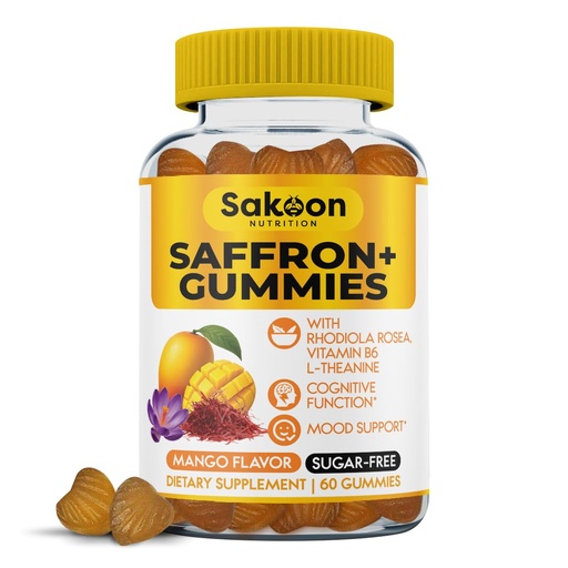 [BRSRGEIHB5YRODLA] Saffron Gummies for Mood Boost & Stress Relief | Saffron Extract with 150mg Rhodiola Rosea & L-Theanine | Sugar Free Mango Flavor | Focus & Energy Supplement for Women & Men | 60 Count