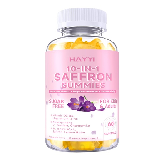 [BRSREHYRDIDRUGTX] Saffron Supplements Gummies for Kids & Adults,with Ashwagandha,L-Theanine,Chamomile,St. John's Wort,Lemon Balm,Vitamin D3 B6, Magnesium Glycinate,Zinc Gummies for Zzz, Mood, Focus & Vision 60 Cnt