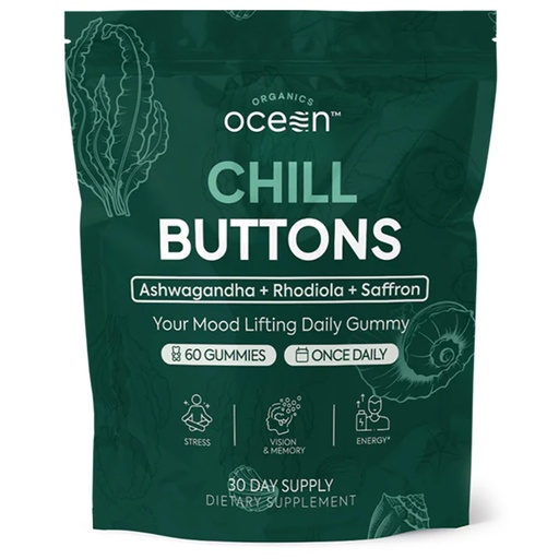 [BRSRAA32CQGROHI7] Organics Ocean Chill Buttons – Natural Ashwagandha Gummy Supplement with Organic KSM-66, Saffron & Rhodiola Rosea – Supports Relaxation, Mood, Focus & Energy - 1-Pack, 60 Count
