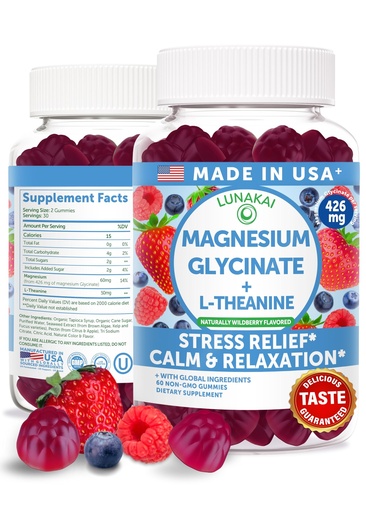 [BRSROCYEDINA4AI6] Lunakai USA Made Magnesium Glycinate Gummies 426mg with L-Theanine – Calm, Sleep, Stress Relief for Adults & Kids, Non-GMO, Vegan, 60ct
