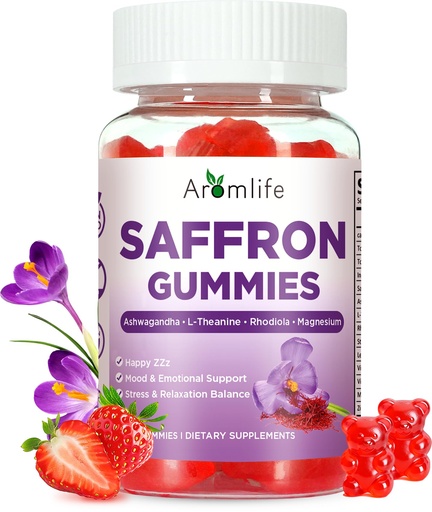 [BRSRGFIQDMFWKA3X] Aromlife Saffron Gummies for Happy ZZz & Focus, 88.5mg Per Serving Saffron Gummies with Ashwagandha, L-Theanine & Turmeric for Adults, 60 Count Sugar Free Ashwagandha Gummy Strawberry Flavor Vegan